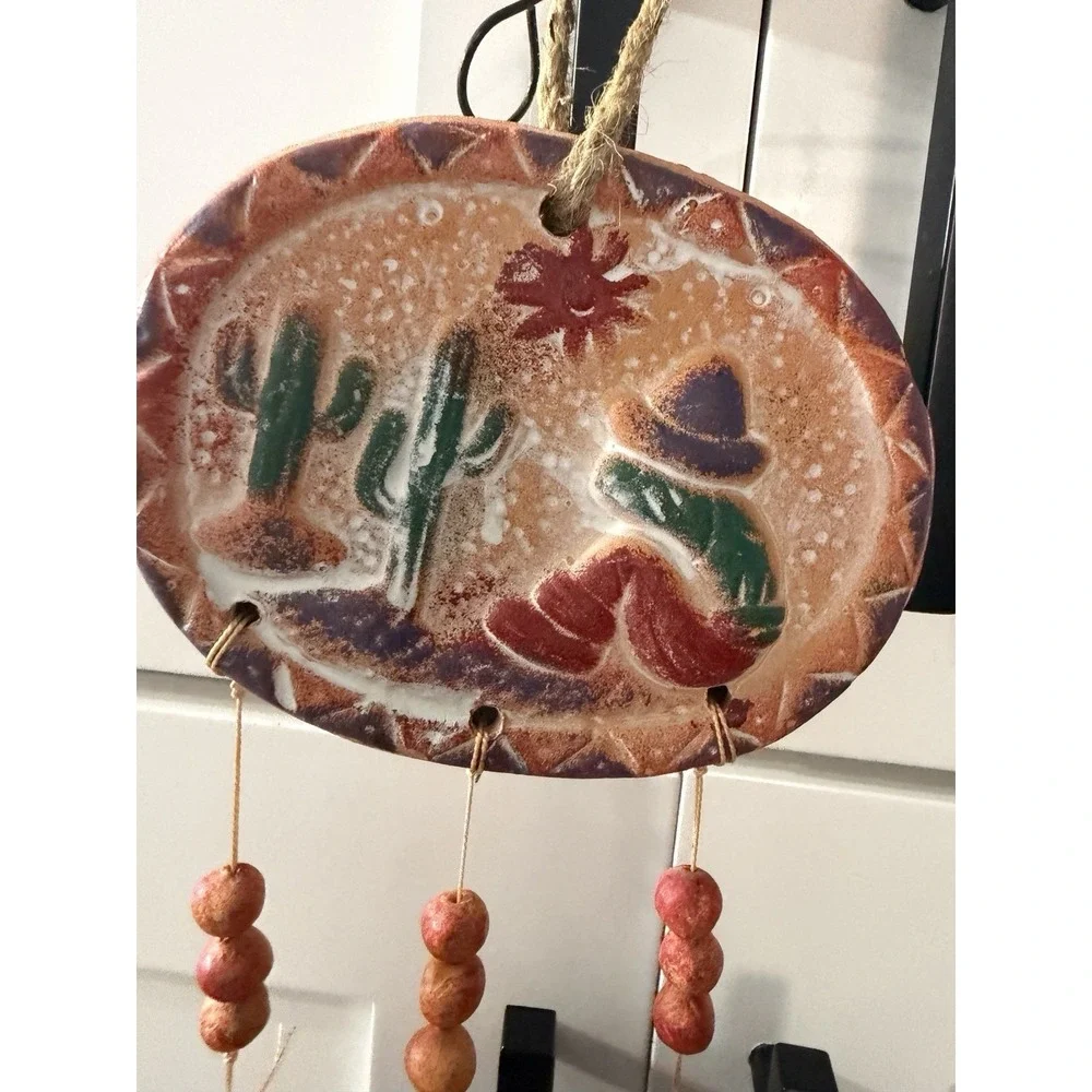 Vtg Southwestern Clay Pottery Wind Chime Desert Cactus Sombrero